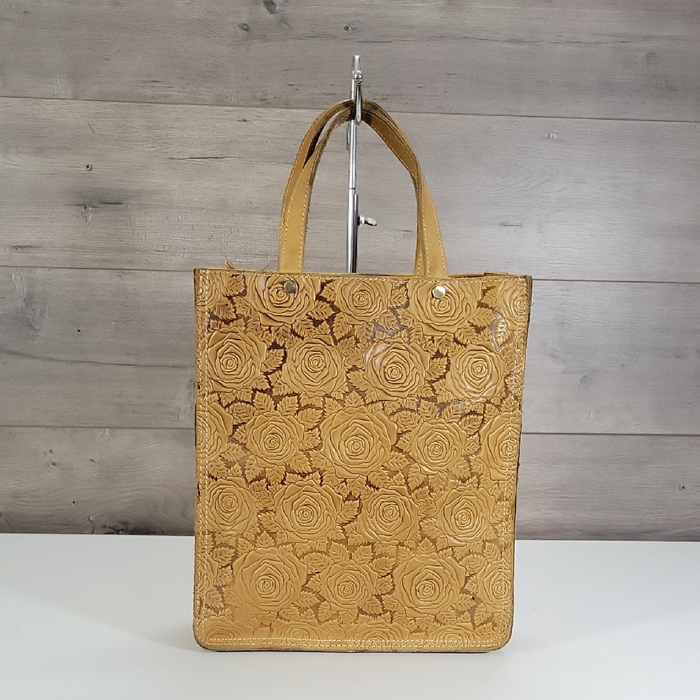 Tan Floral Embossed Tooled Leather Tote Bag -Unbranded